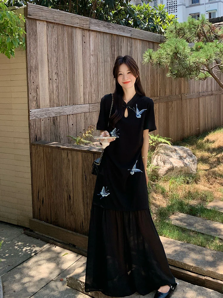 🌊国风新中式｜刺绣黑旗袍裙子美出圈