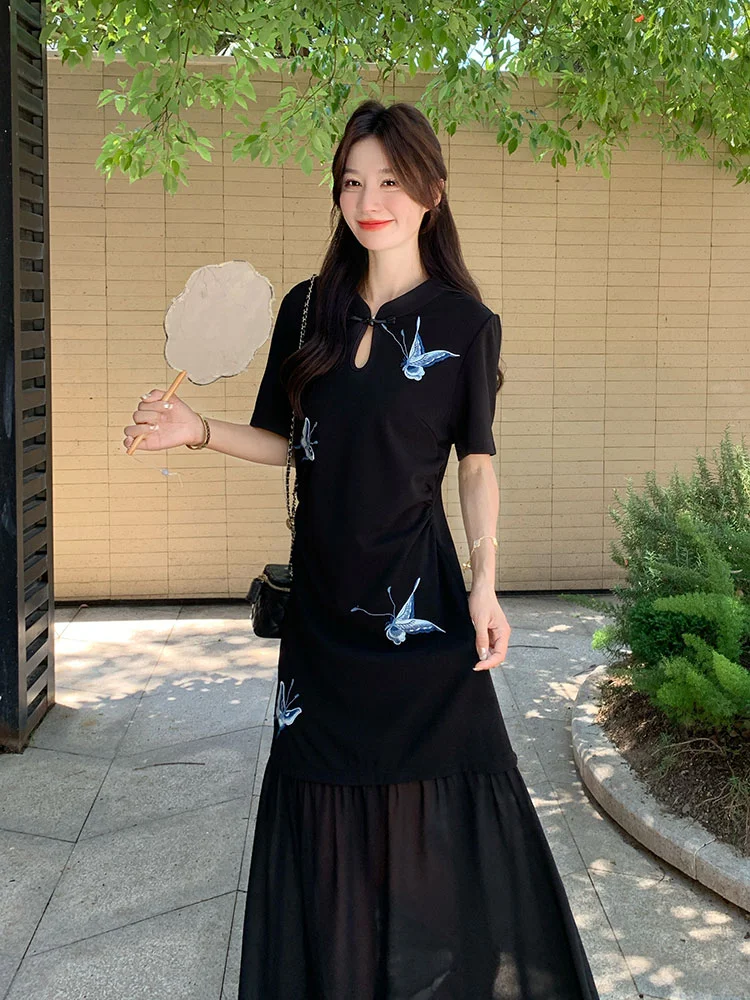 🌊国风新中式｜刺绣黑旗袍裙子美出圈