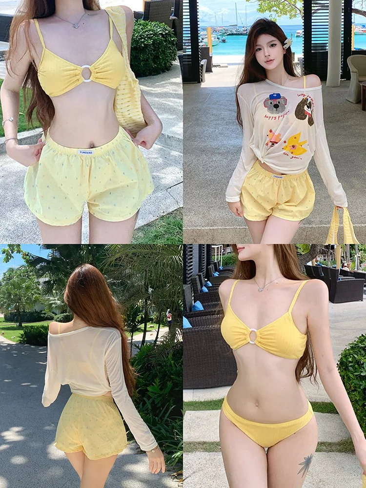这件鹅黄色比基尼泳衣，度假玩水拍照好出片