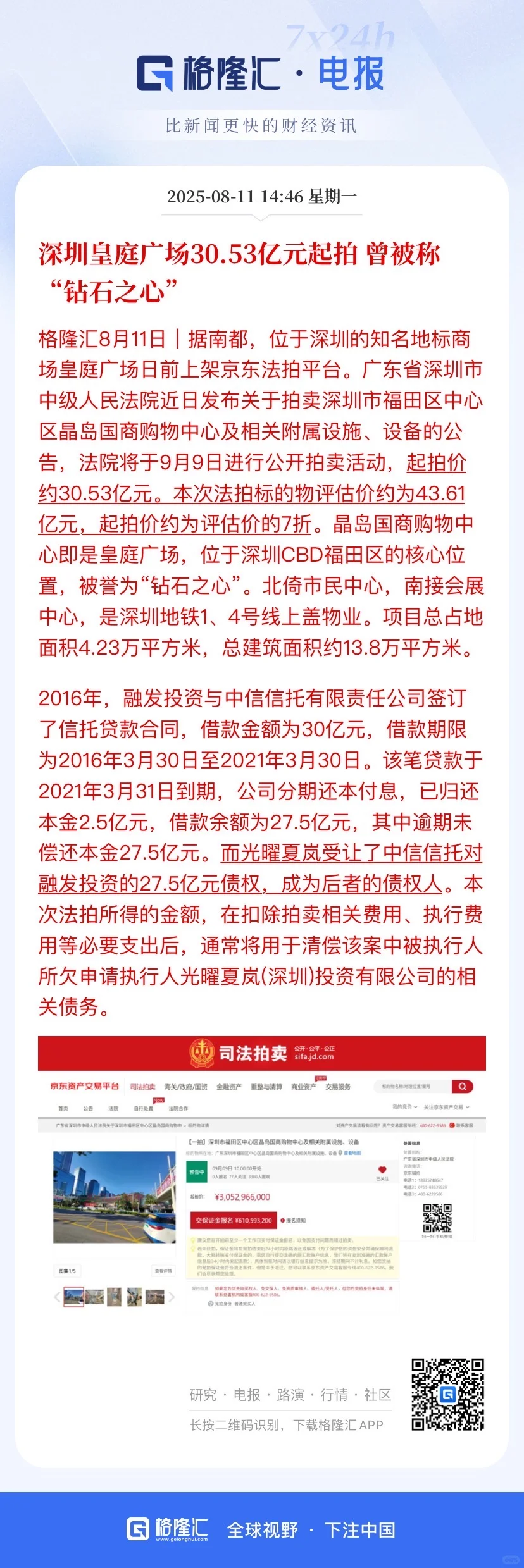深圳皇庭广场30.53亿元起拍