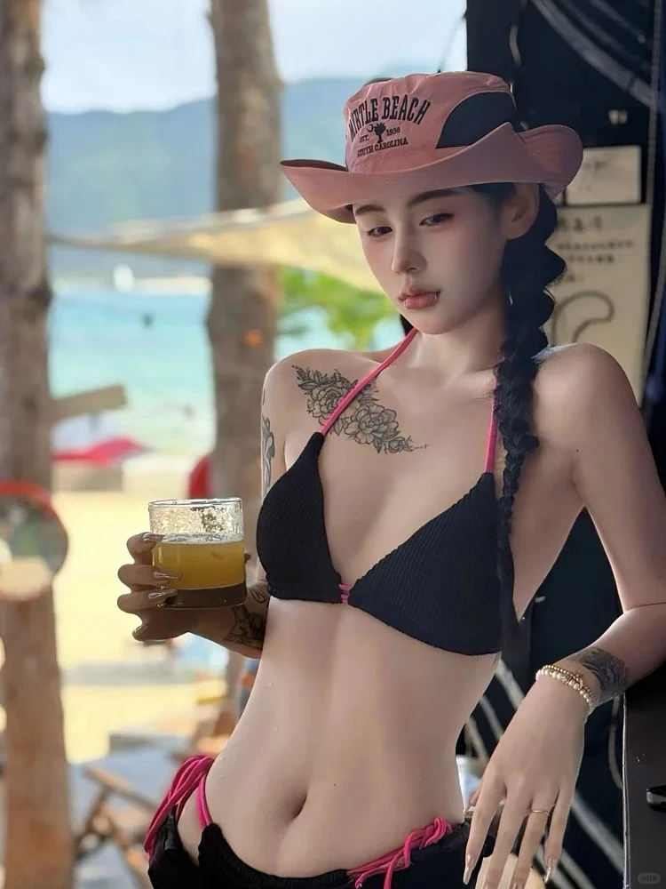 经典黑+芭比粉🎀 比基尼 配色大胆又出片