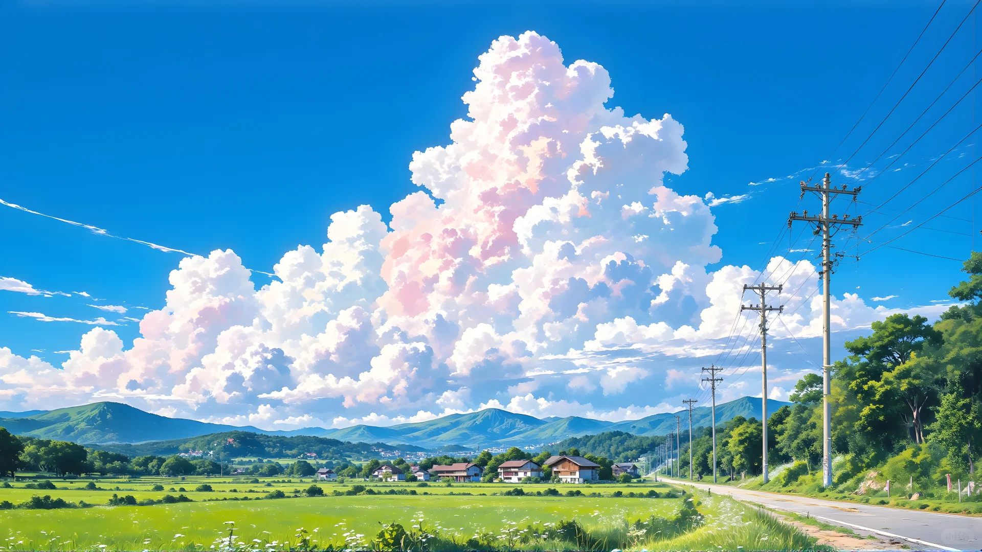 电脑壁纸 008-蓝天白云小屋乡间小路