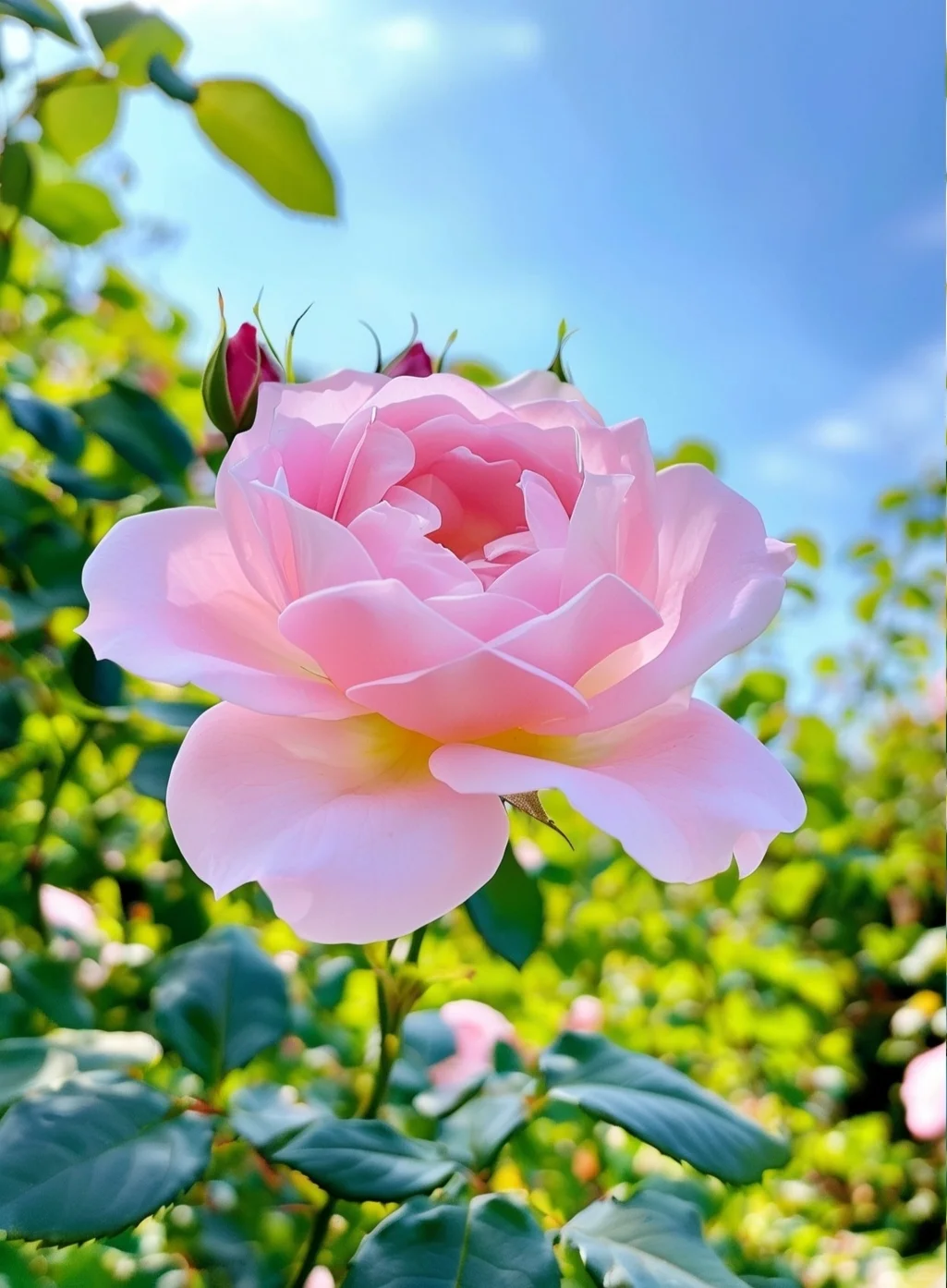 绽放的柔美：粉玫瑰与新芽