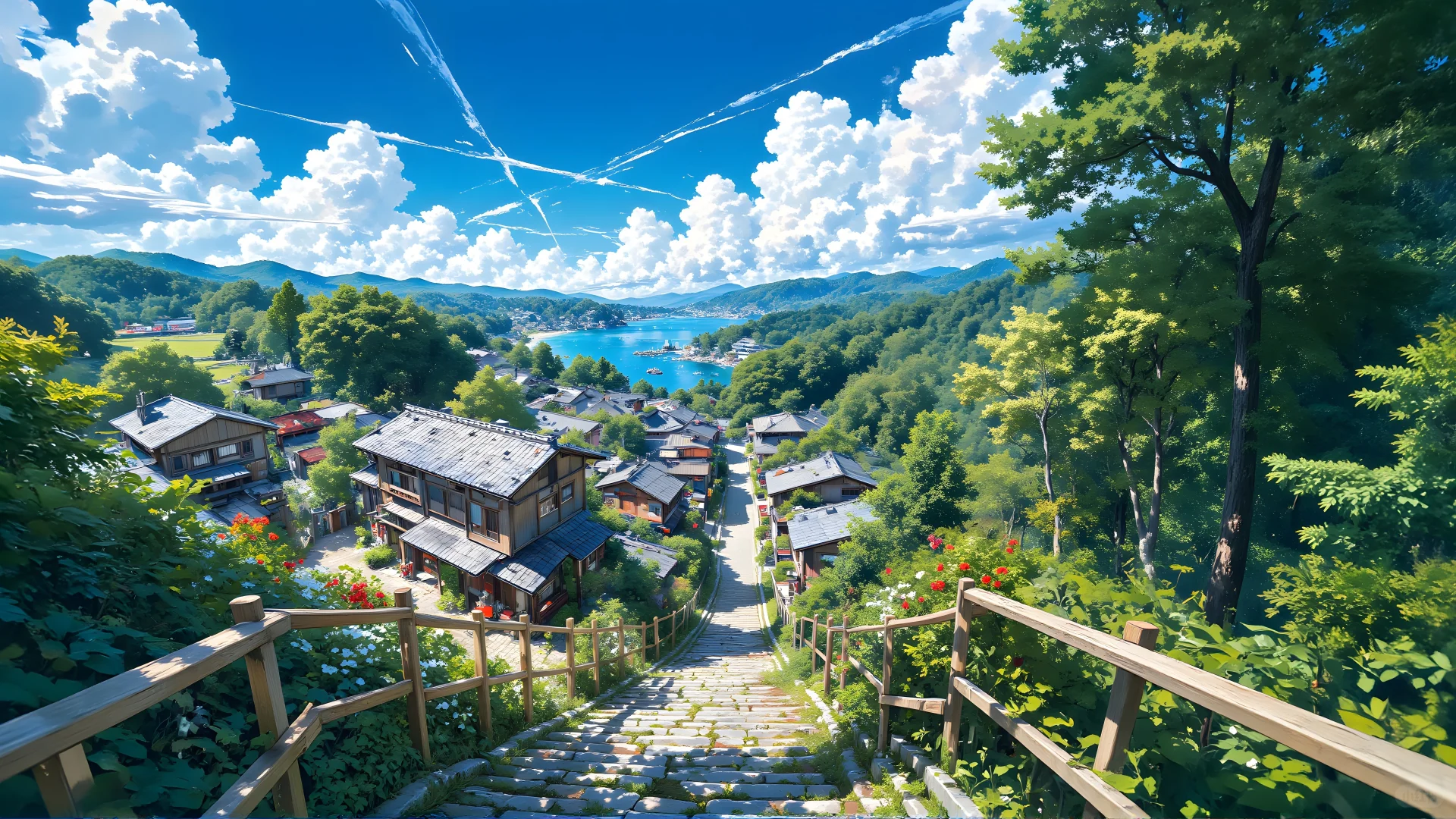 电脑壁纸 008-蓝天白云小屋乡间小路