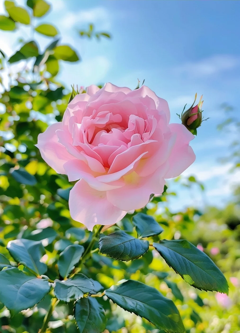 绽放的柔美：粉玫瑰与新芽