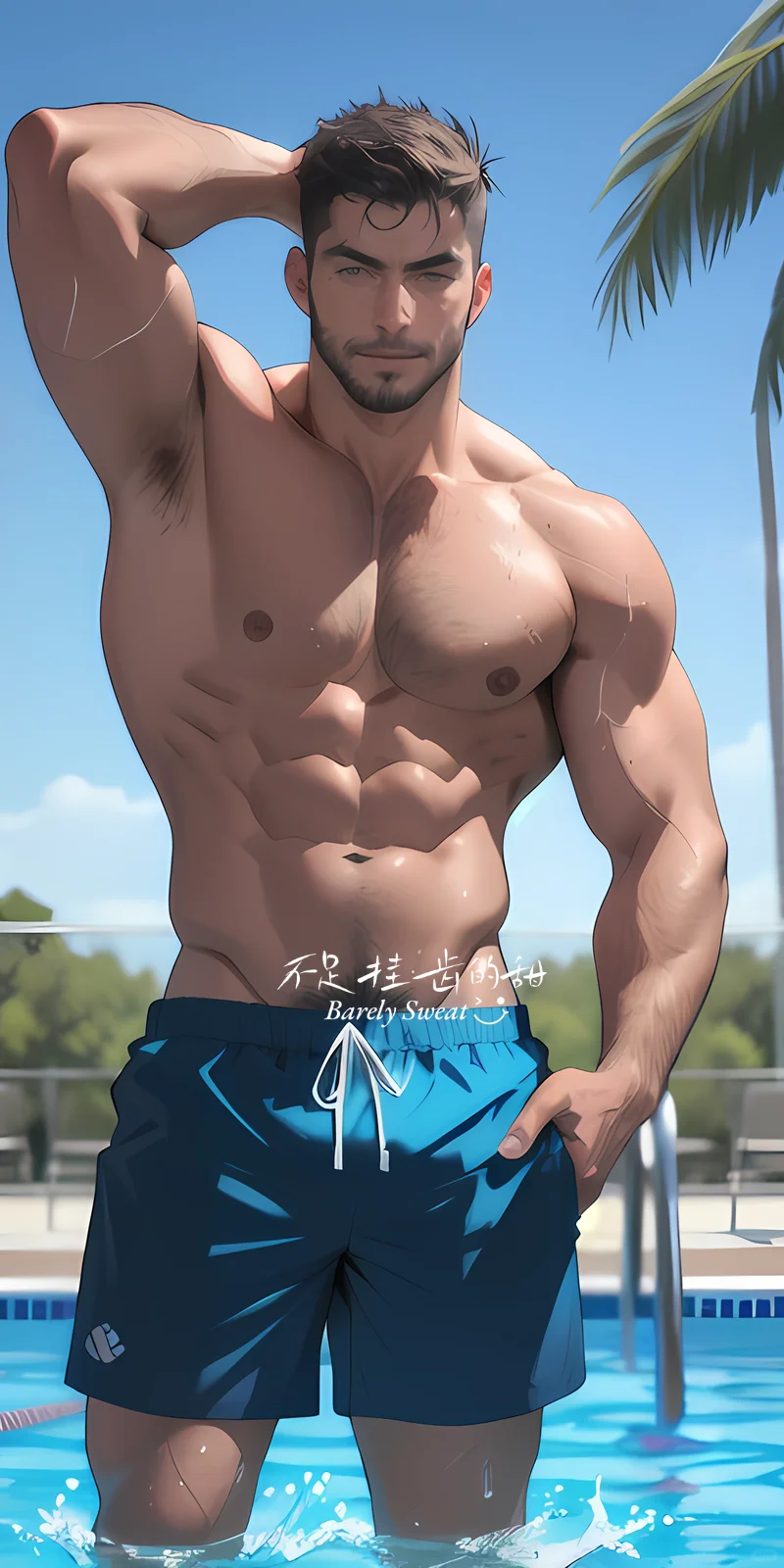 夏日游泳池，肌肉帅哥