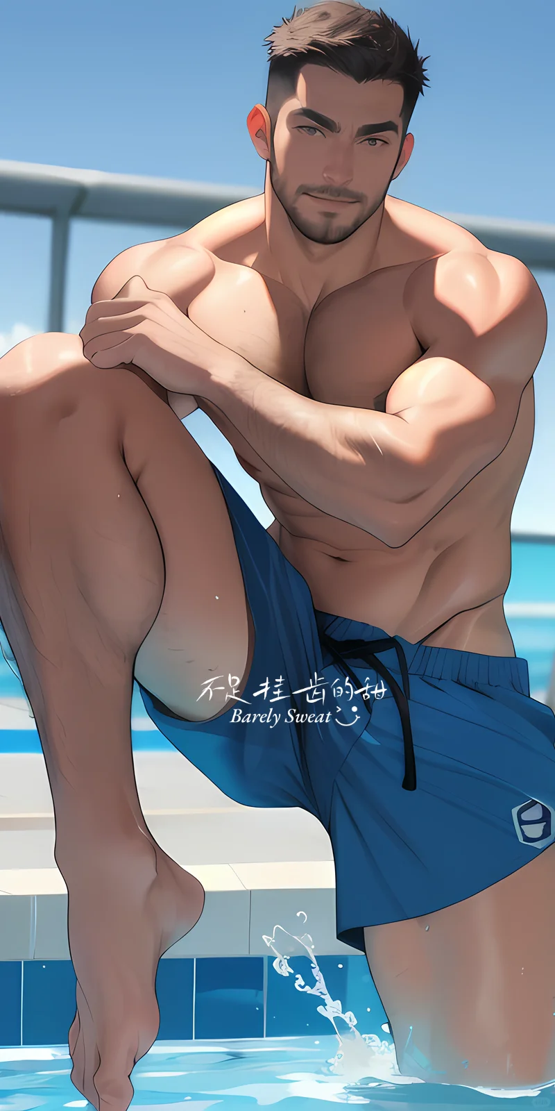 夏日游泳池，肌肉帅哥