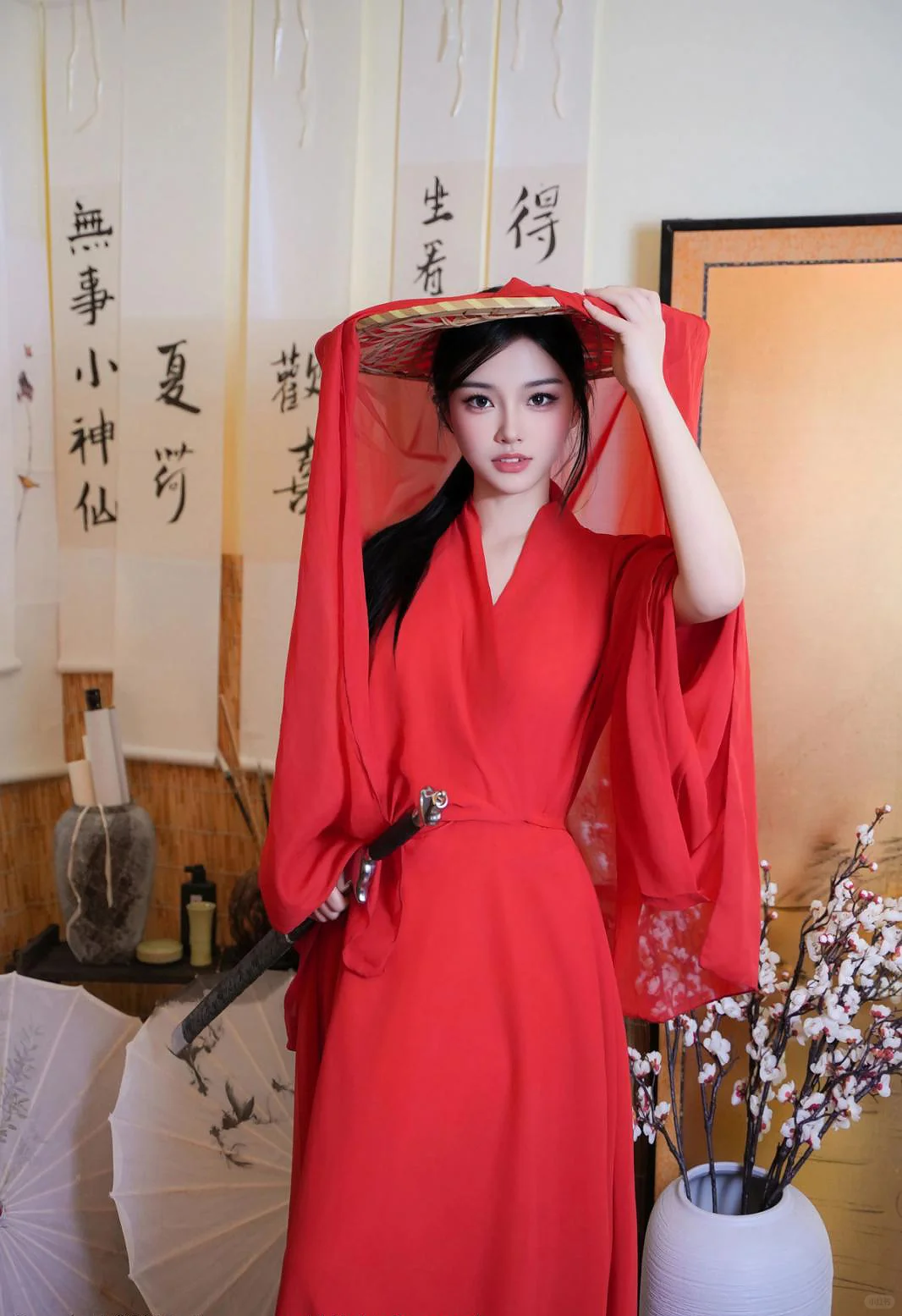 绛色霓裳的女子将丝滑柔美揉进侠者风骨！