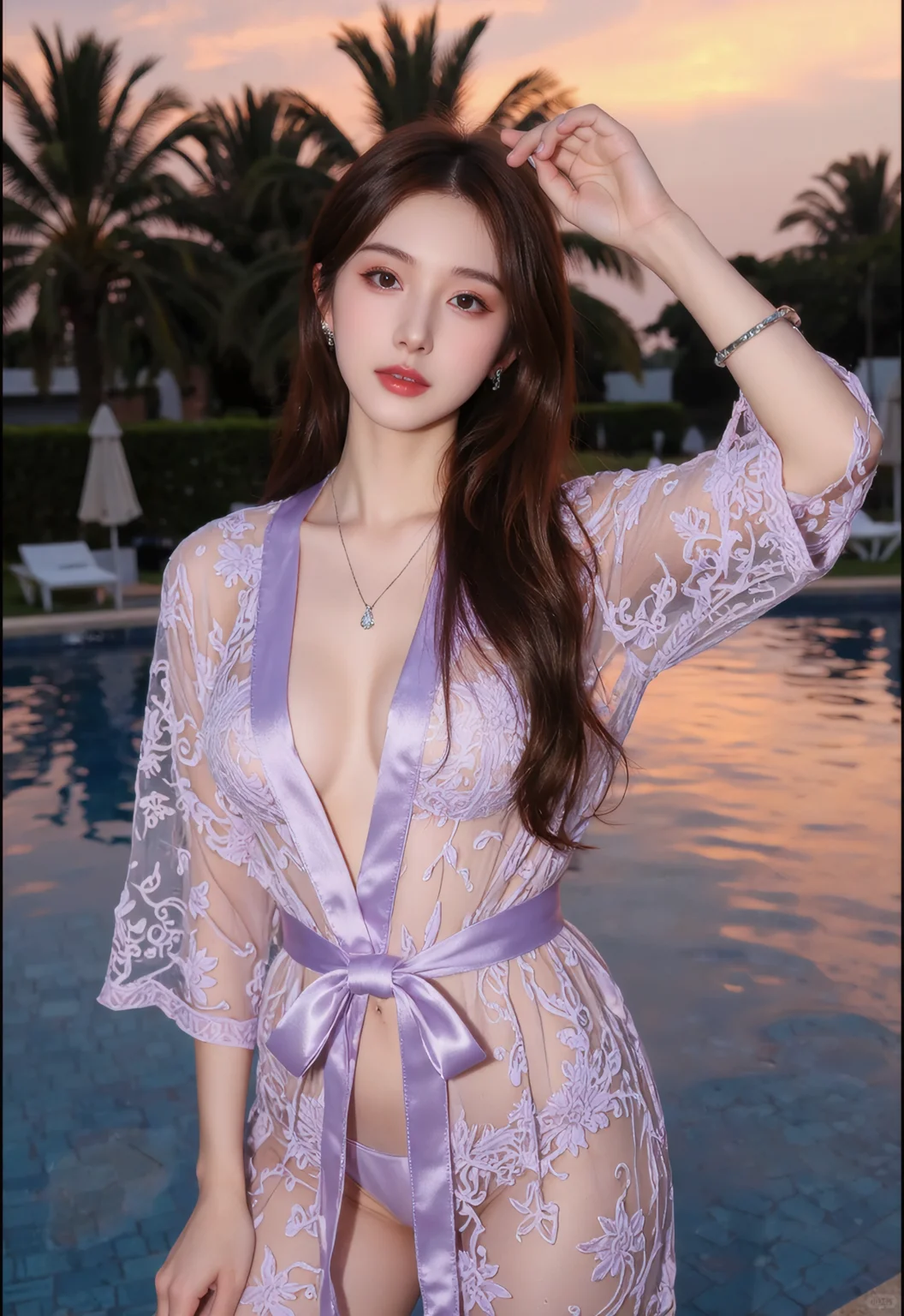 紫色蕾丝泳池秀｜夕阳下的微醺氛围