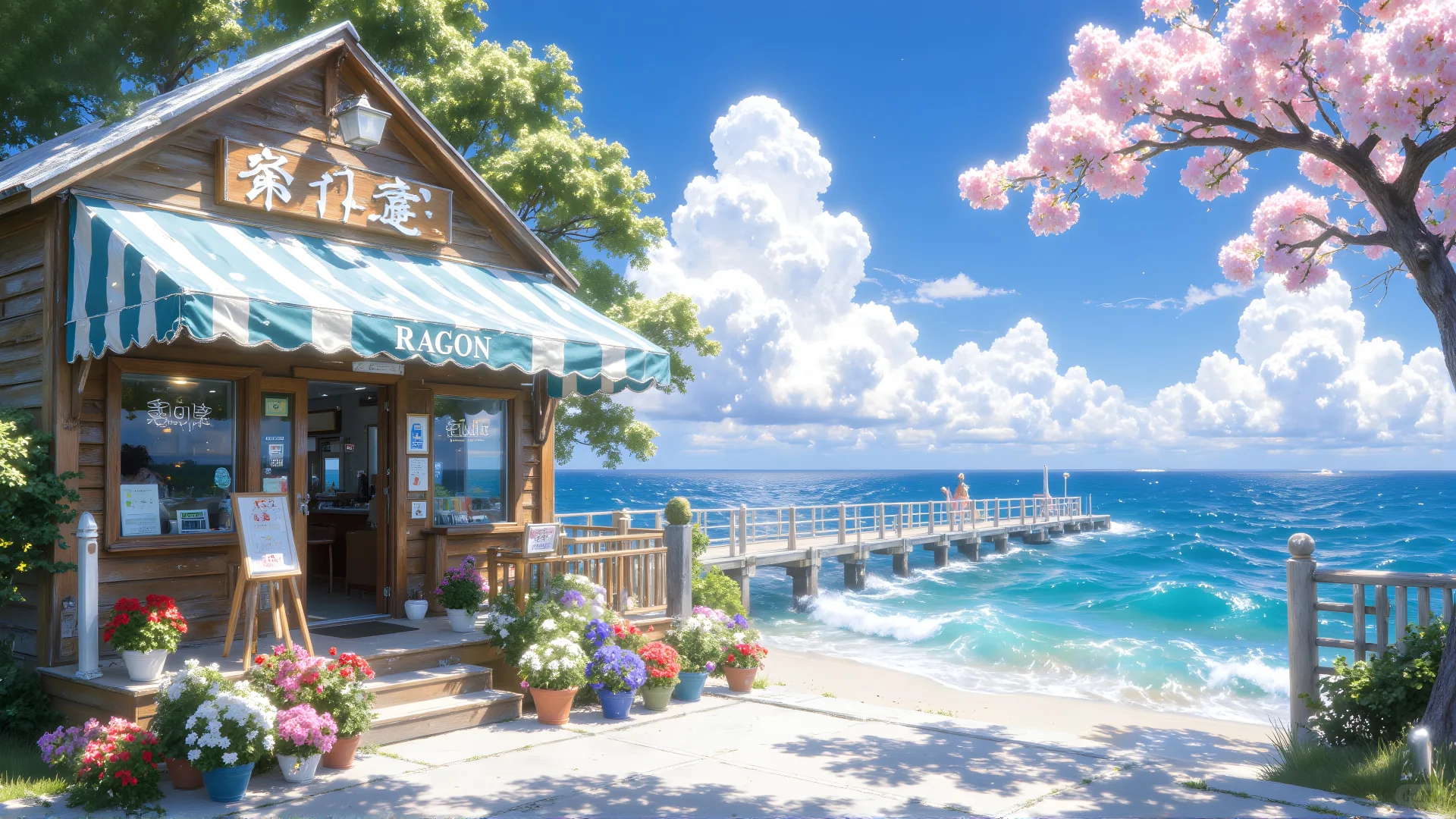 电脑壁纸01-蓝天白云樱花盛开小木屋🌊