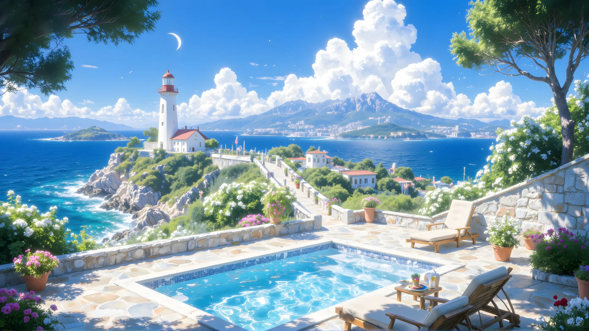 电脑壁纸01-蓝天白云樱花盛开小木屋🌊