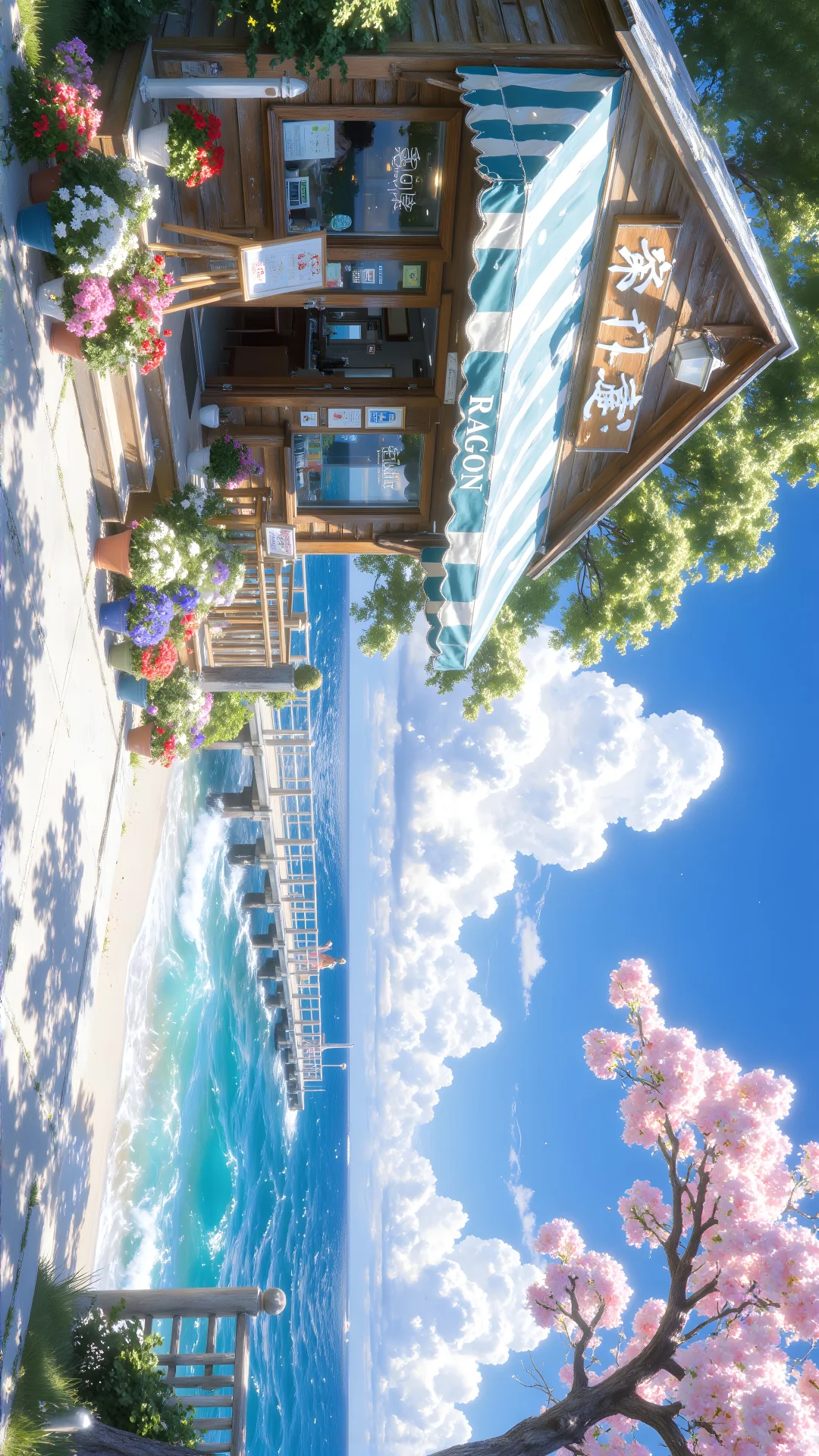 电脑壁纸01-蓝天白云樱花盛开小木屋🌊
