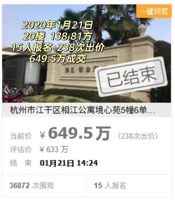 上城区｜滨江铂金海岸的法拍记录，算保值不