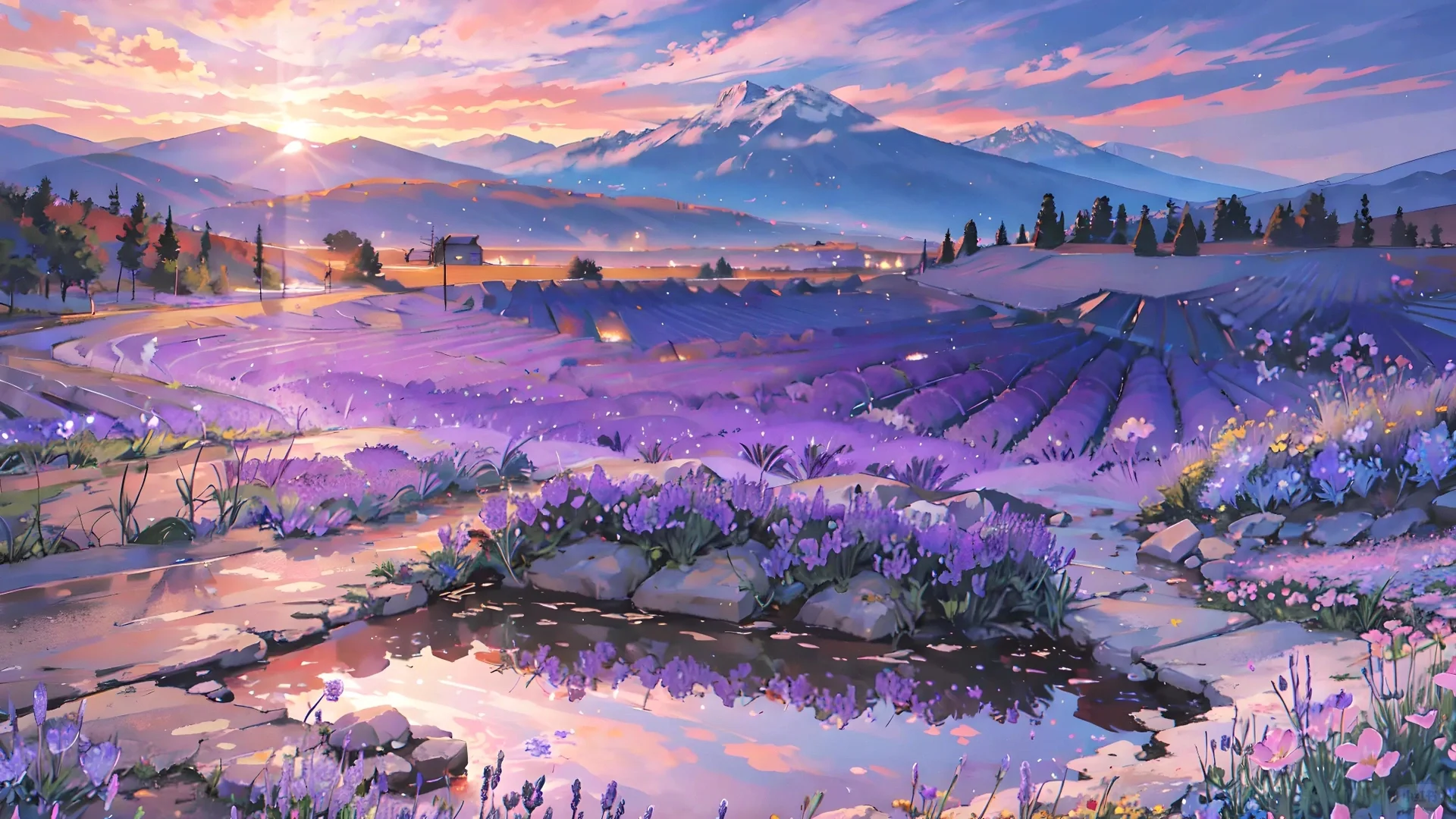紫色花海，治愈系风景横版