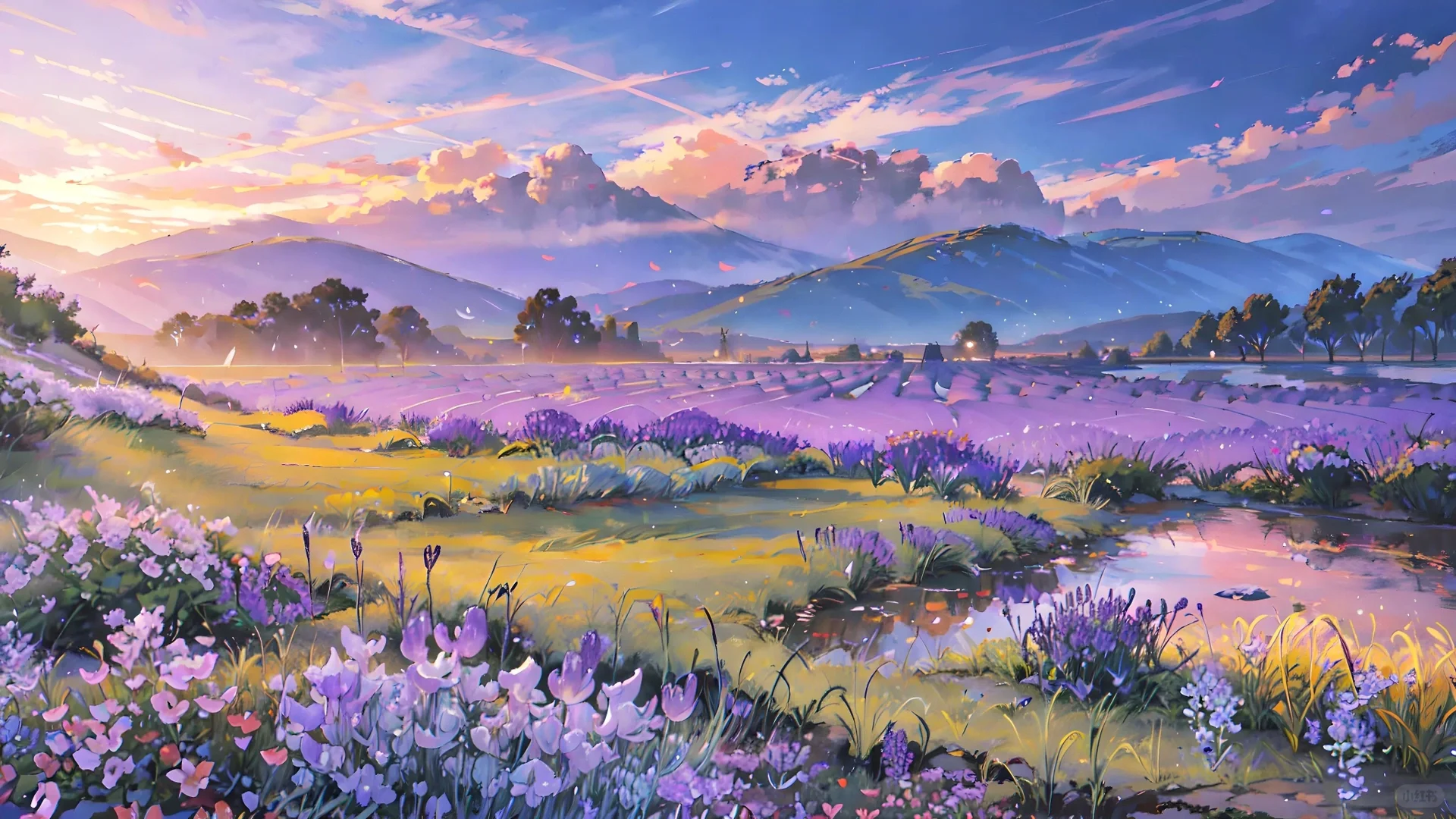 紫色花海，治愈系风景横版