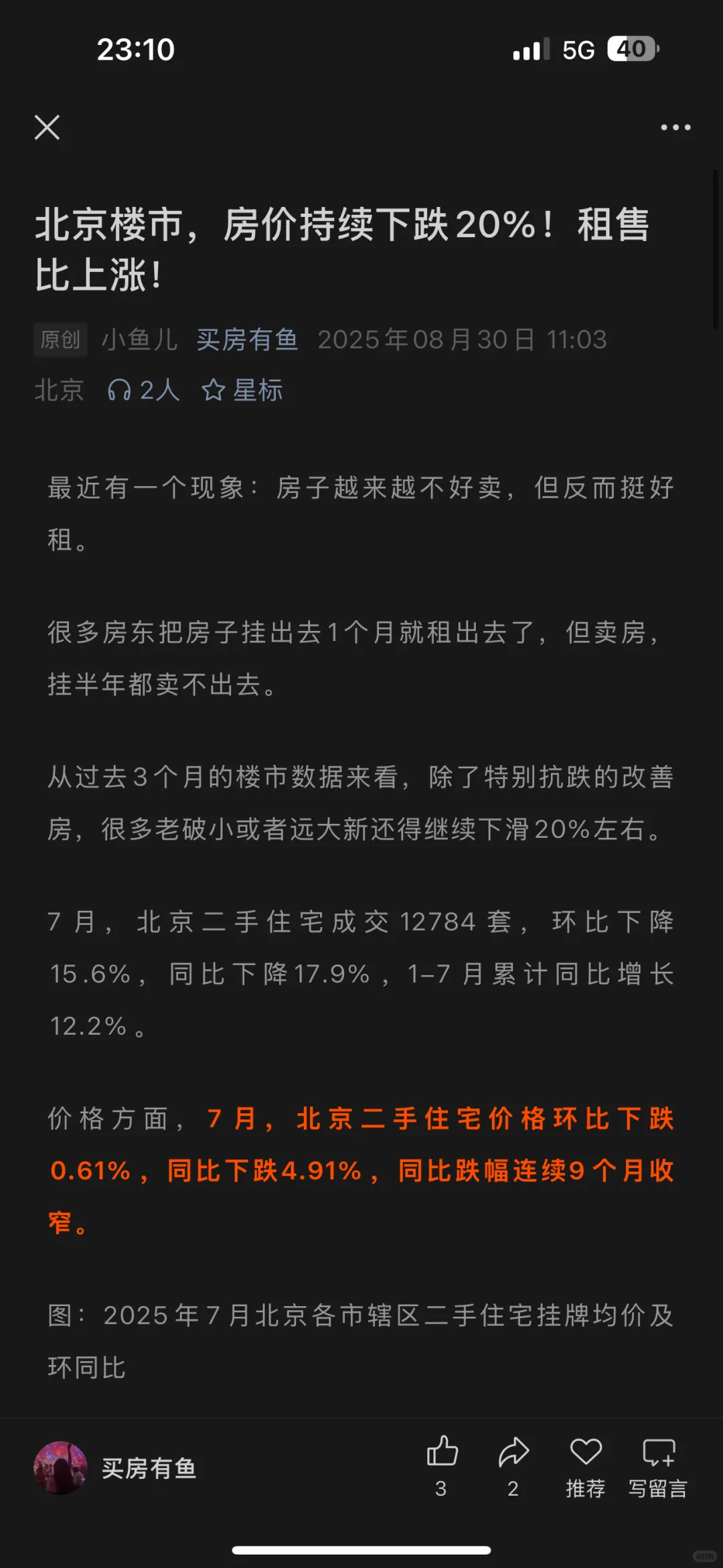 北京楼市，房价持续下跌20%！租售比上涨！