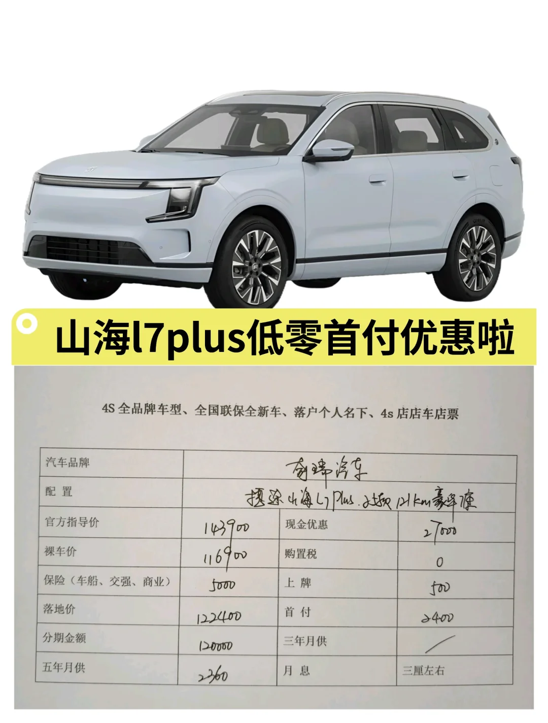 山海l7plus 低零首付提车优惠27000啦