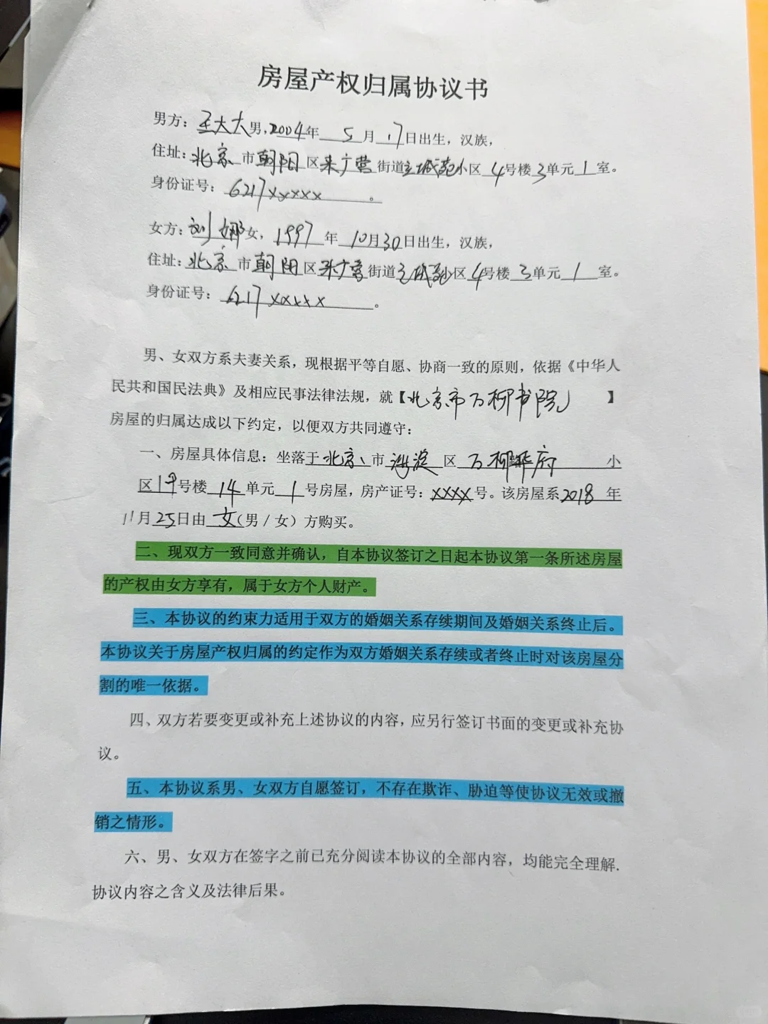 刚签的房屋产权归属协议书