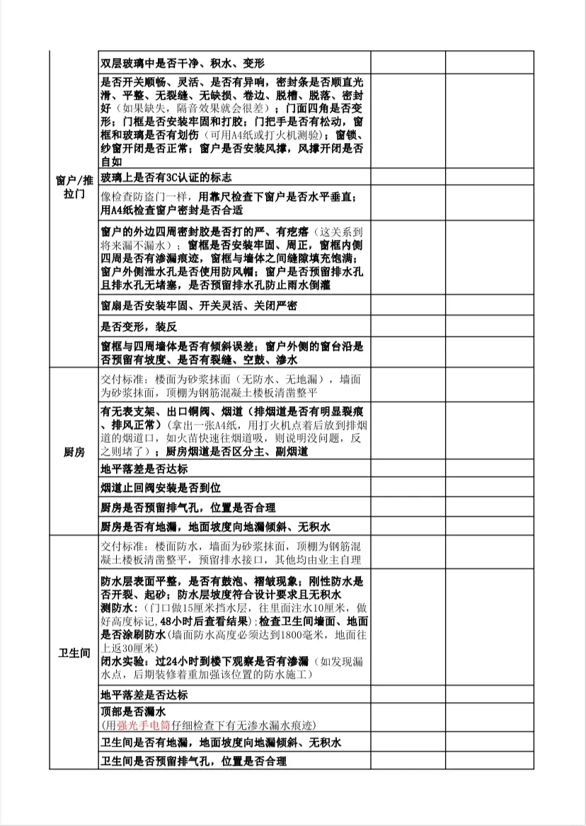 宇宙zui全、ju详细的毛坯验房清单