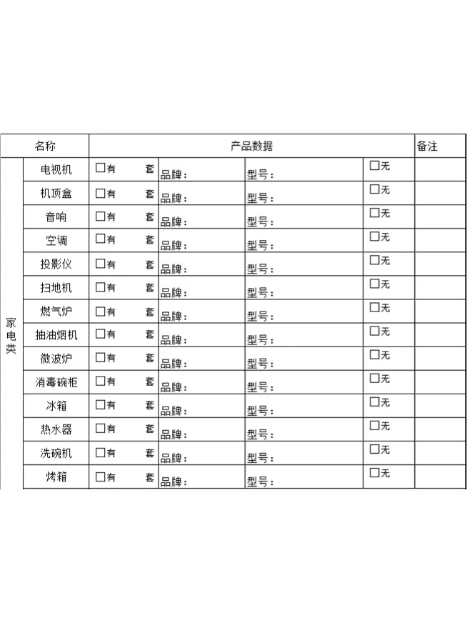 租房、买房设备交接清单
