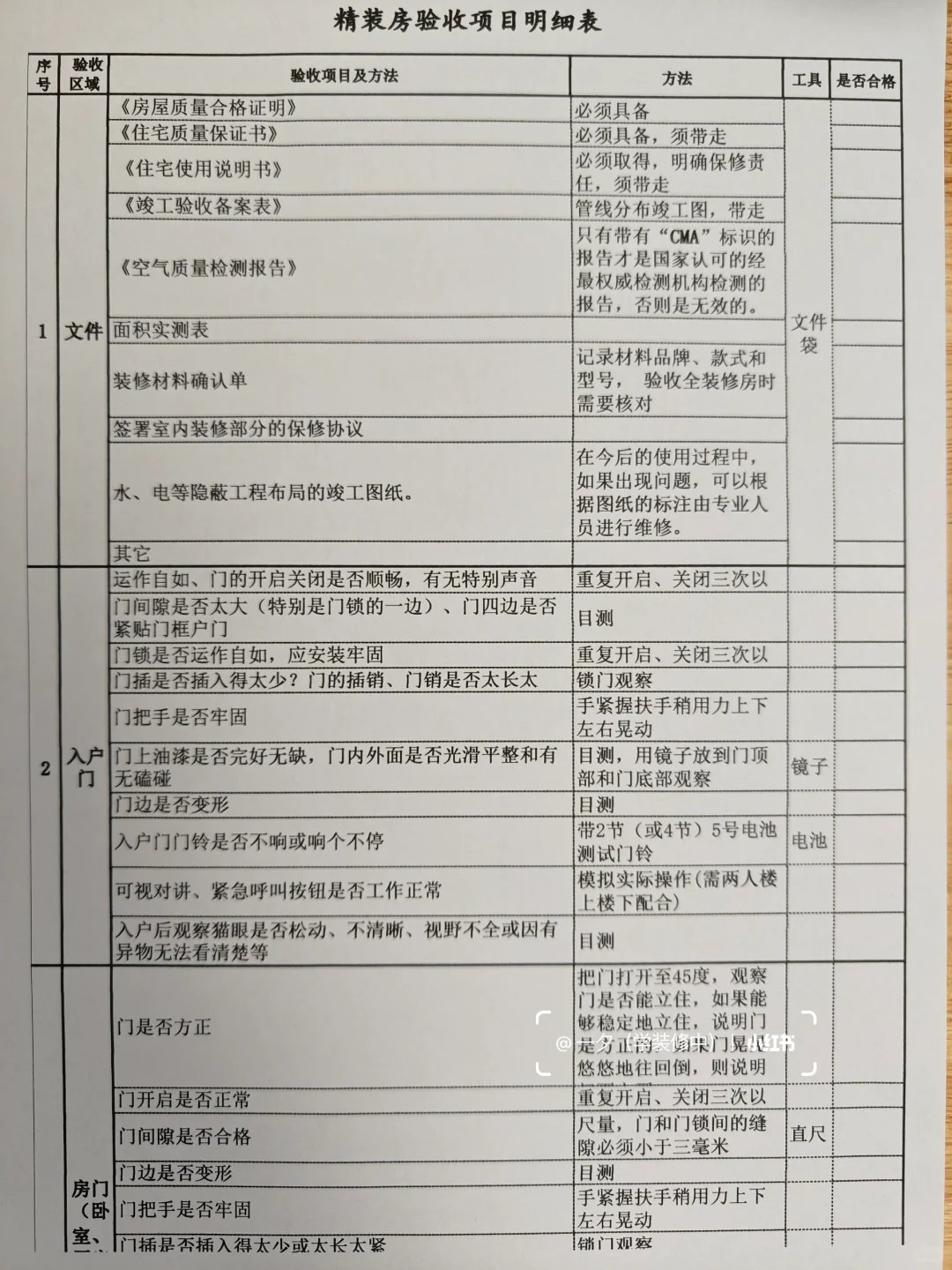 精装房验房表