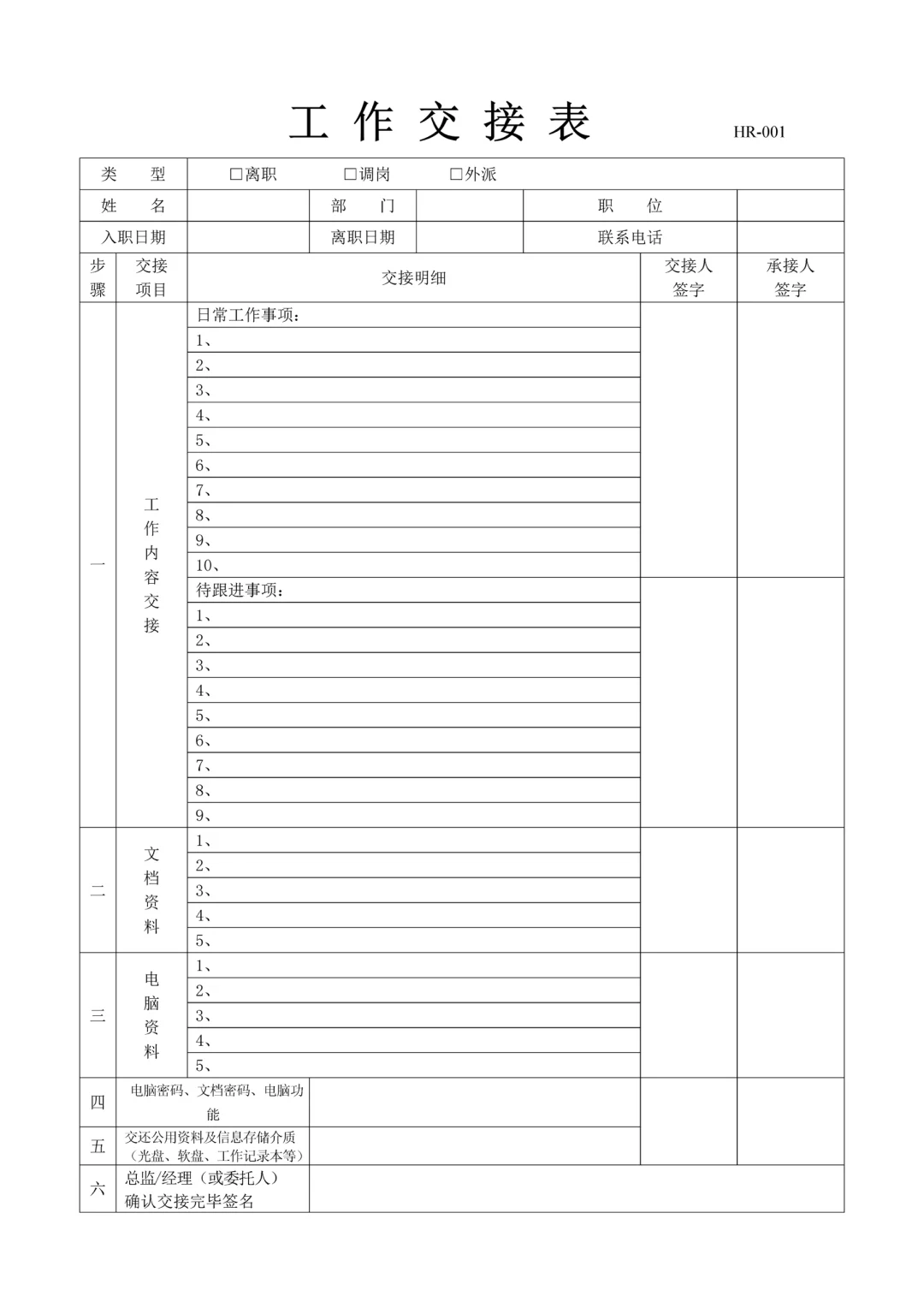 离职员工工作交接表格