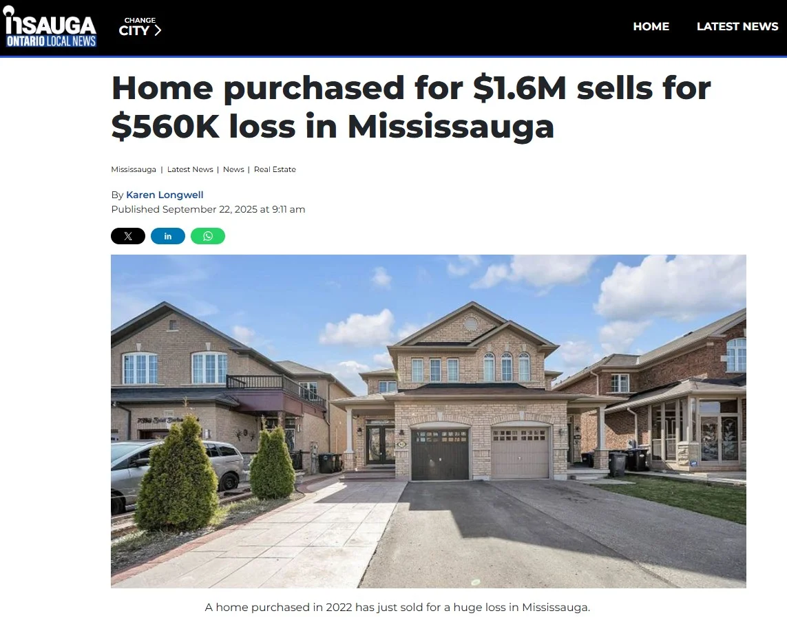 房价跌到上新闻了！密西沙加某房亏56万卖出