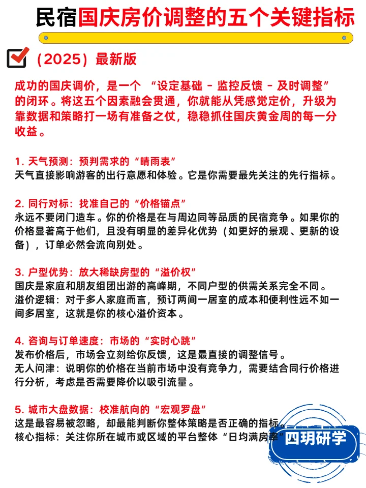 国庆房价：五个关键指标，让民宿收益最大化