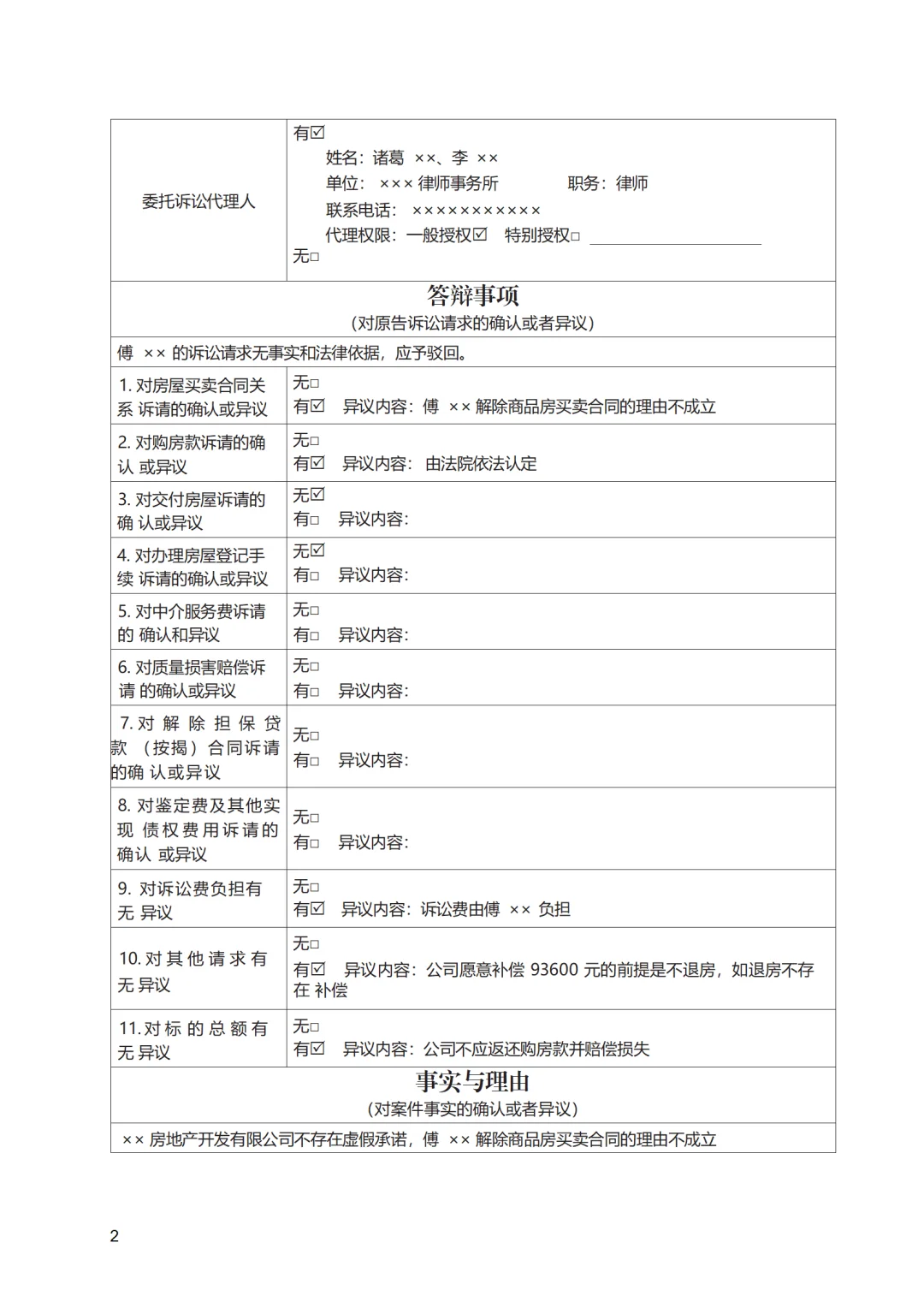 房屋买卖合同纠纷（要素式答辩状）