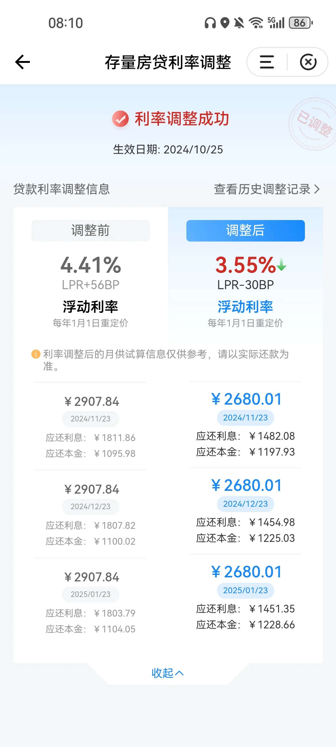 存量房利率调整，二套房共计少还627