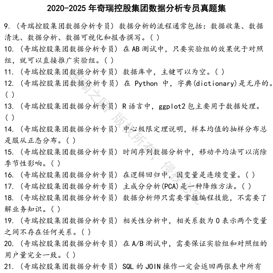 奇瑞控股集团数据分析专员招聘考试资料真题笔试面试