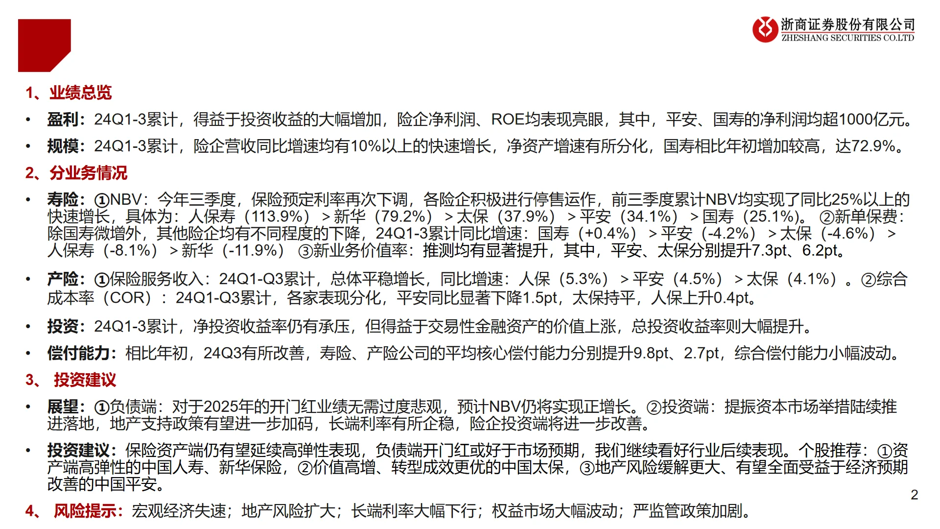2024年中国保险业三季报业绩综述