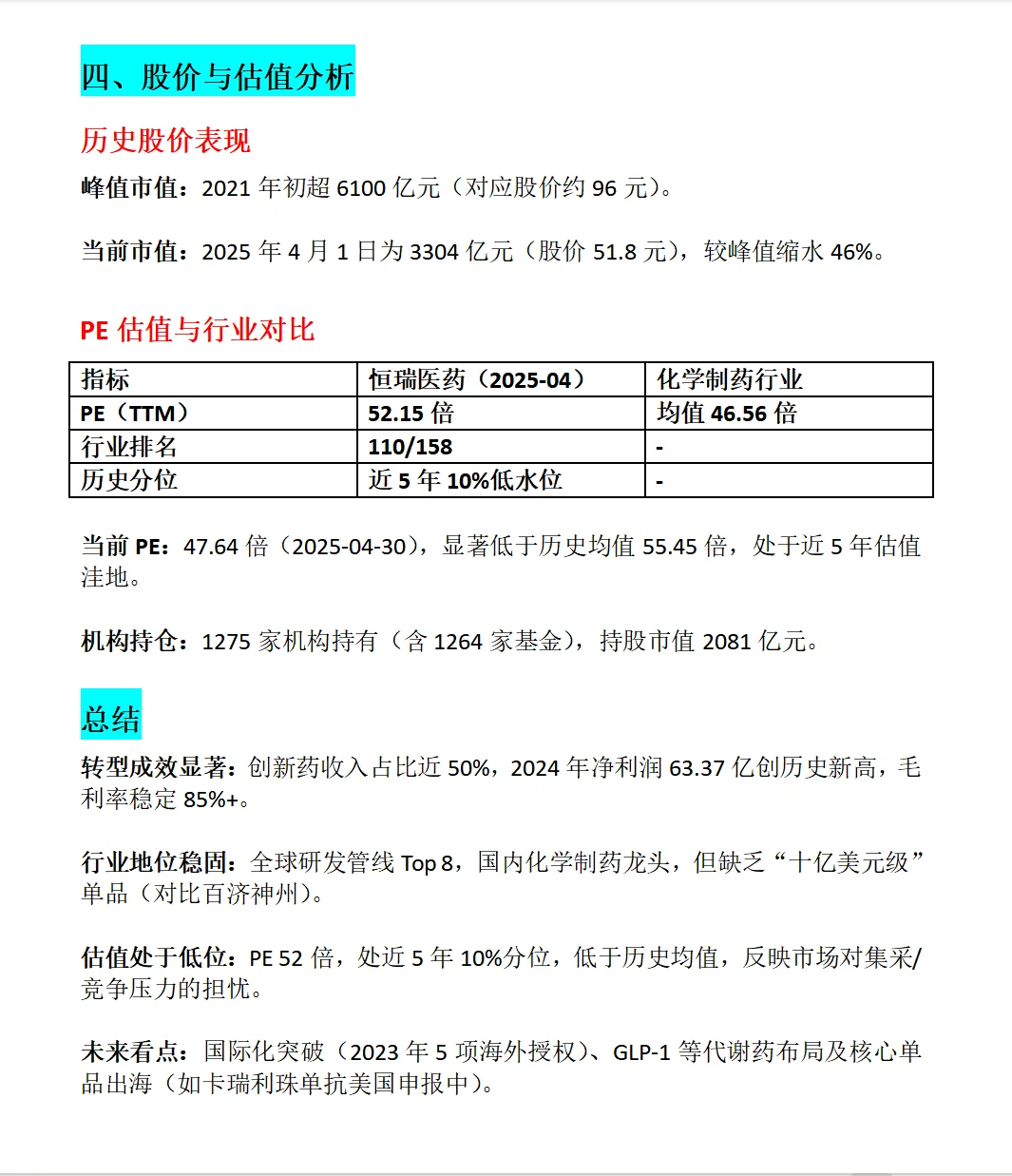 恒瑞医药五年数据分析总结