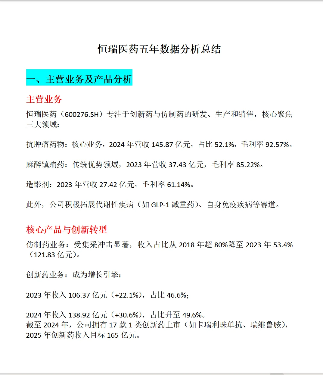 恒瑞医药五年数据分析总结