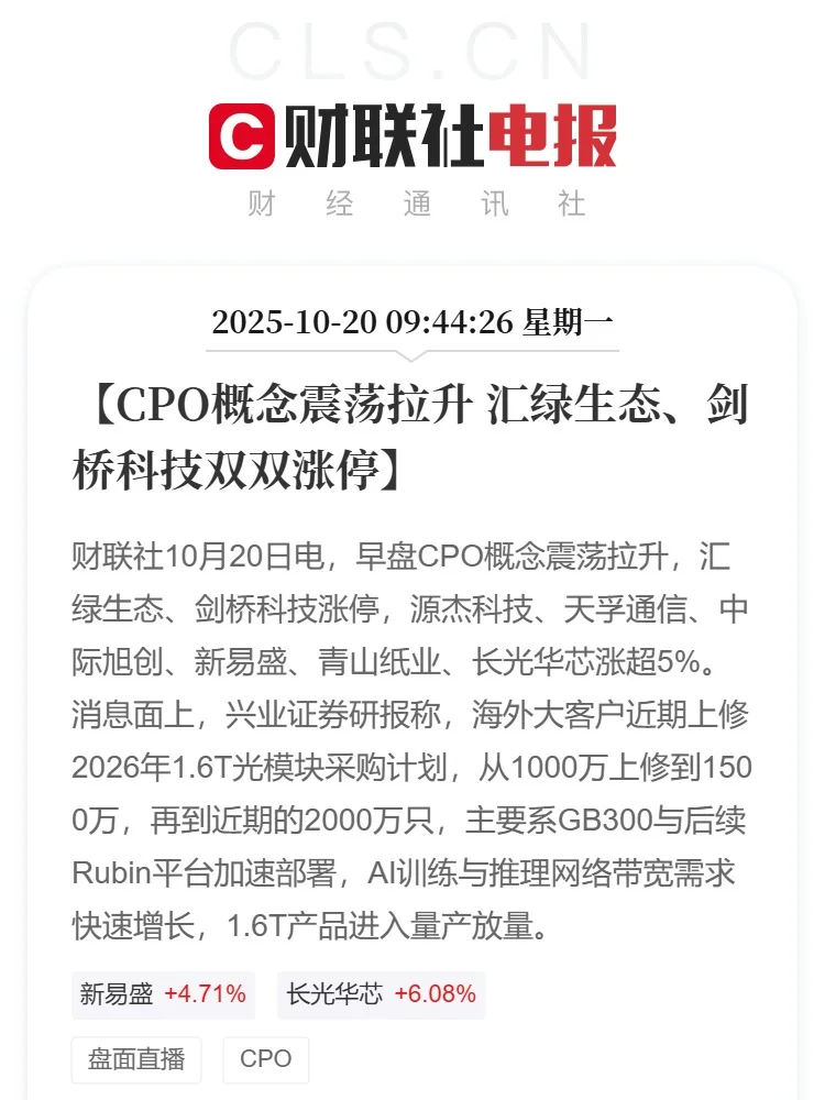 CPO概念震荡拉升 汇绿生态、剑桥科技涨停