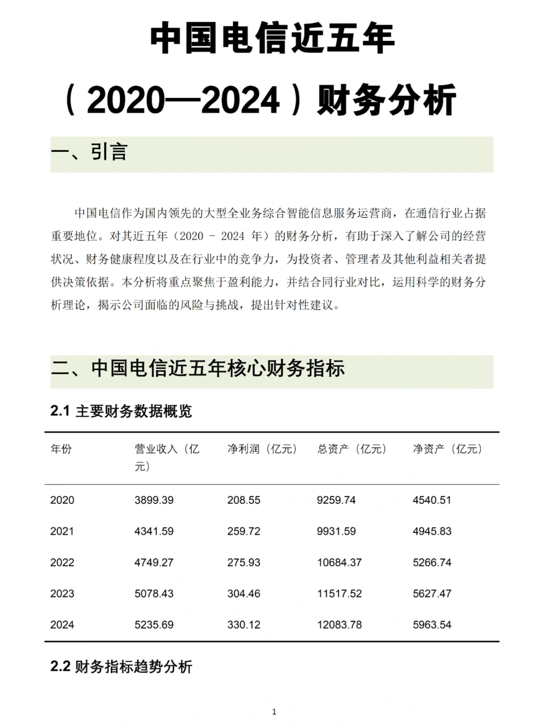 中国电信财务分析报告数据👏🏻👏🏻