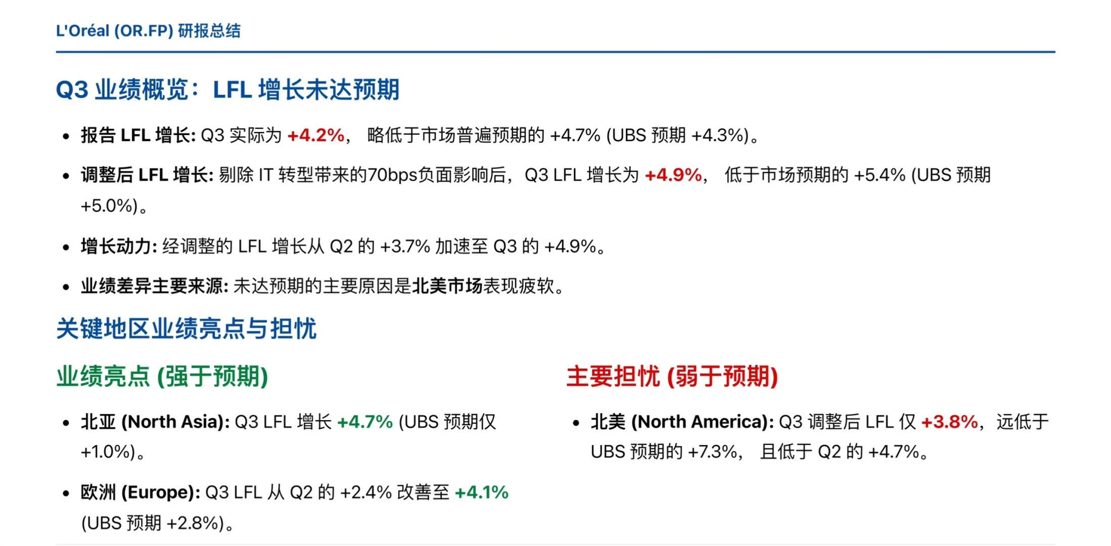 瑞银研报,欧莱雅Q3 财报分析,北美市场失速
