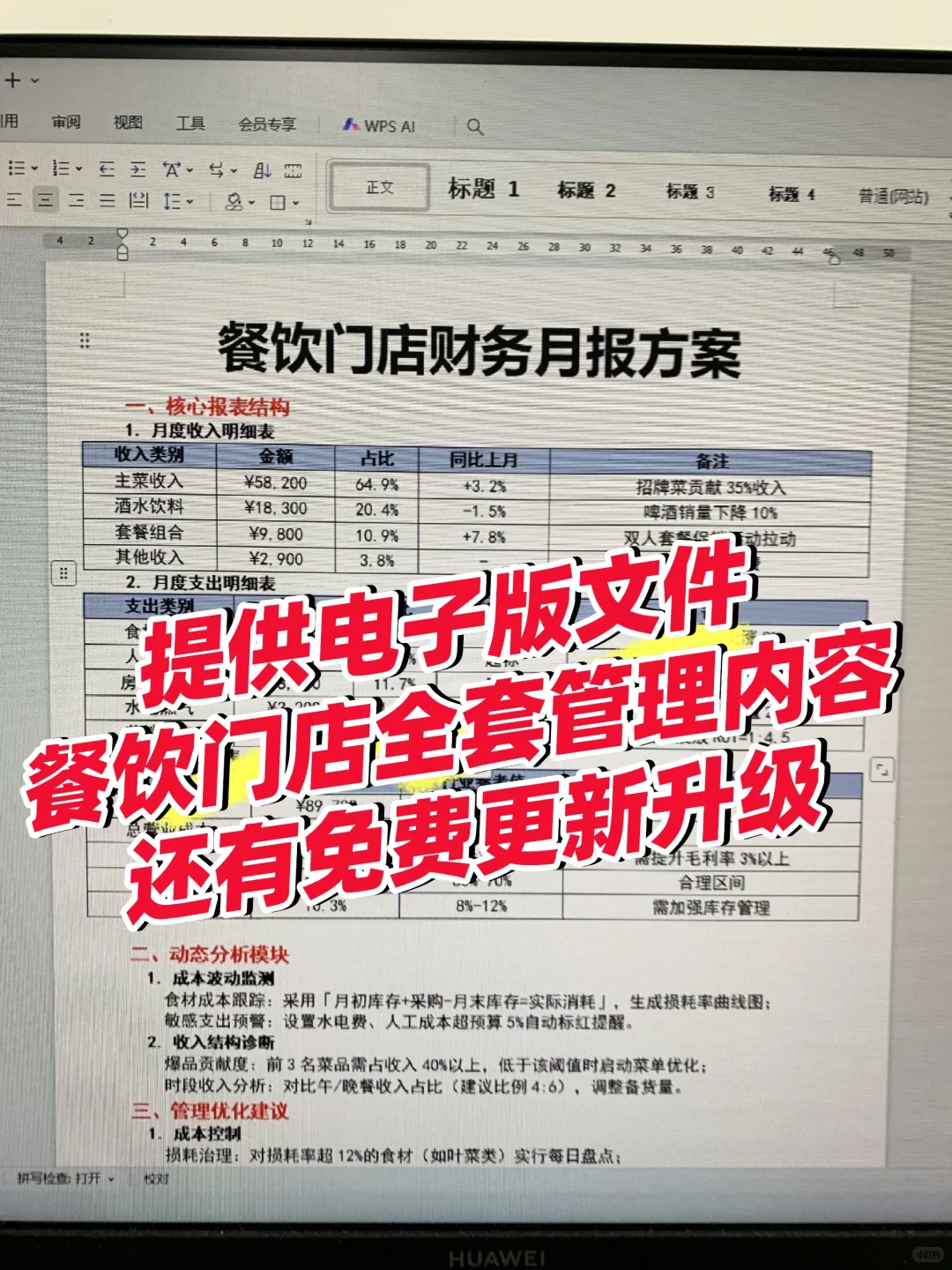 餐饮门店财务月报方案(发电子版文件)