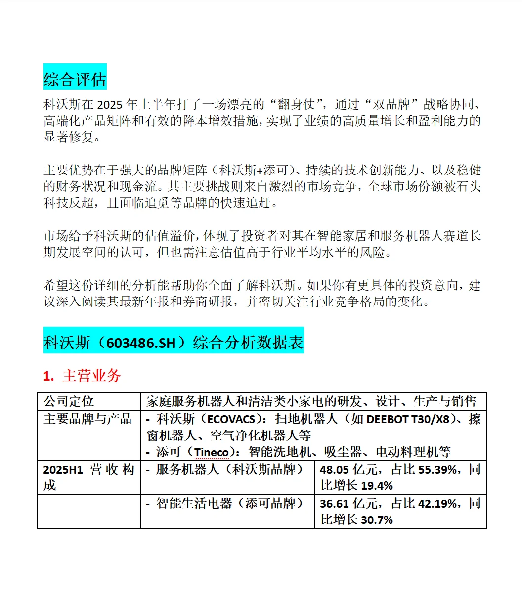 科沃斯公司业务与财务分析
