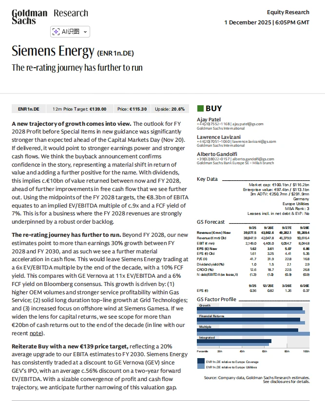 高盛：西门子能源：增长重估与目标价新高