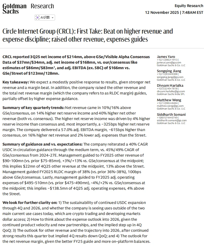 💵 高盛最新研报：CircleQ3 大幅超预期