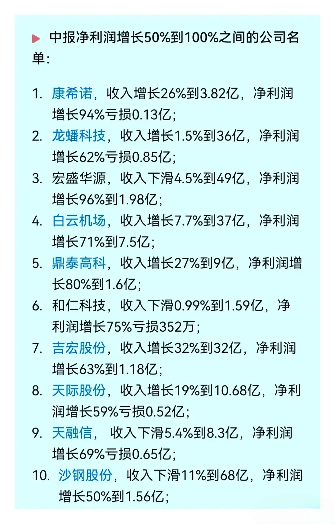 中报利润增长50%—100%公司汇集，点赞收藏