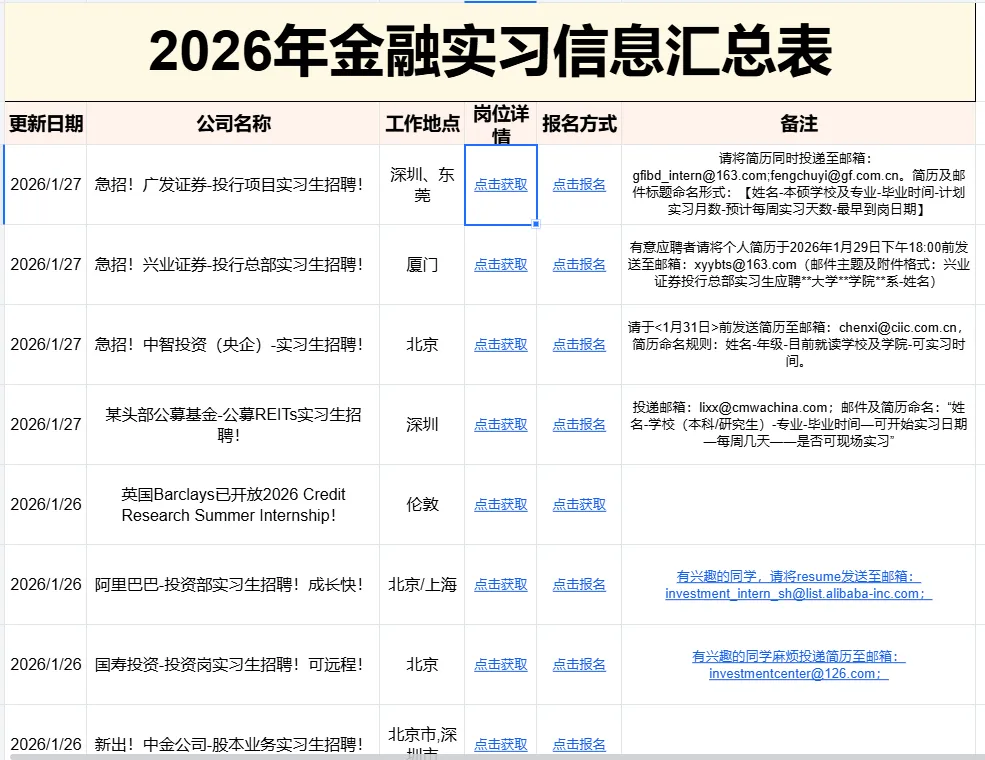 2026年金融/券商实习信息汇总表订阅!!(持续更新)