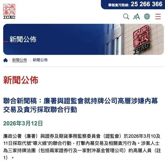 香港打击对冲基金与国泰君安国际等券商400万元受贿案,拘捕6男2女,涉内幕非法获利3.15亿港元