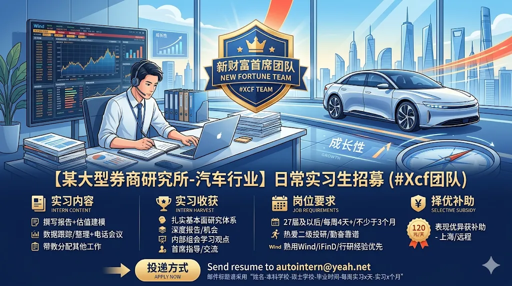 【某大型券商研究所-汽车行业】日常实习生招募(#Xcf团队)