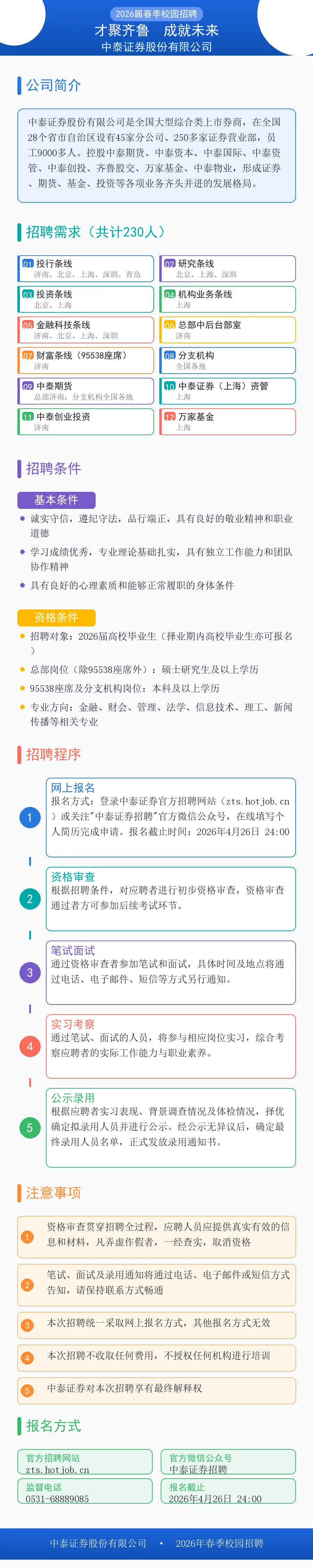 大型综合券商|2026届中泰证券校园共招聘230人!