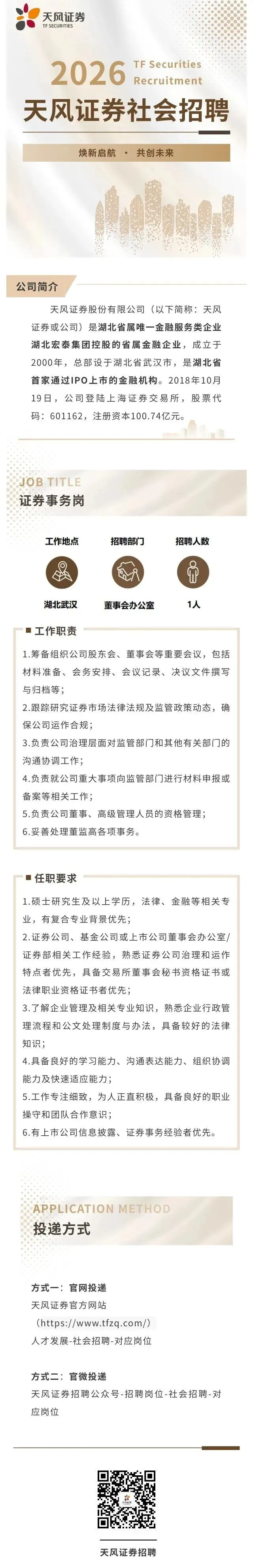 券商社招 | 天风证券董事会办公室最新社会招聘